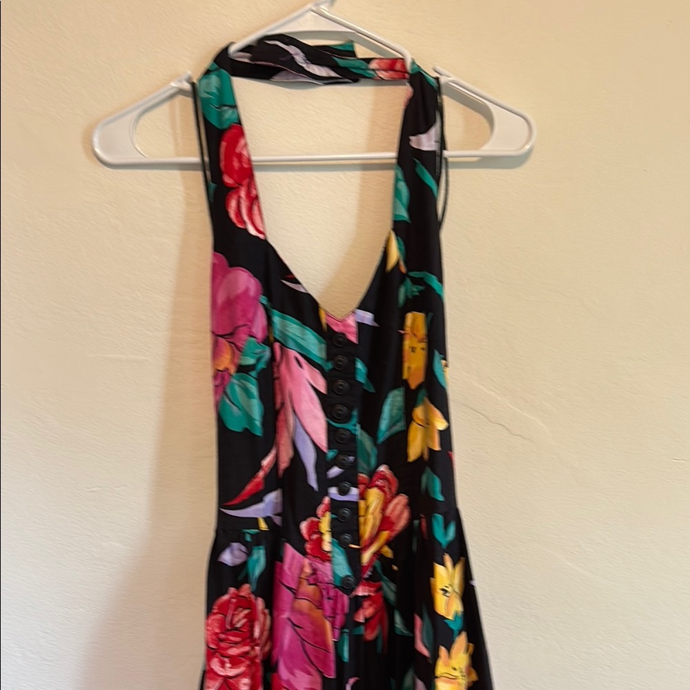100% cotton Floral Halter Neck Dress - Black with Multicolor Floral Print